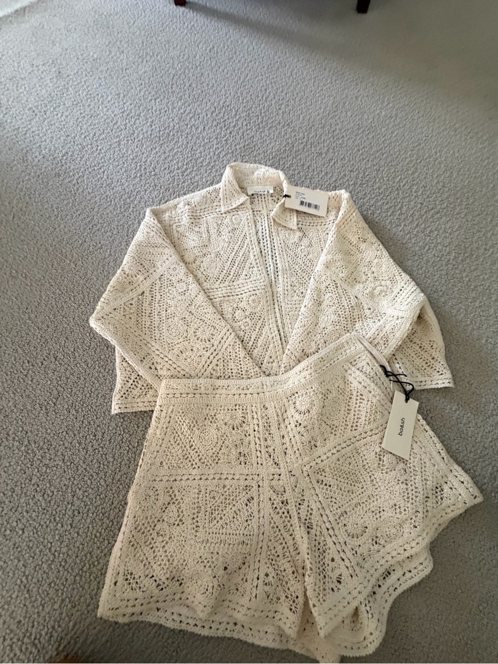 Ba&sh Cream Crochet Knit Blazer & Short Set